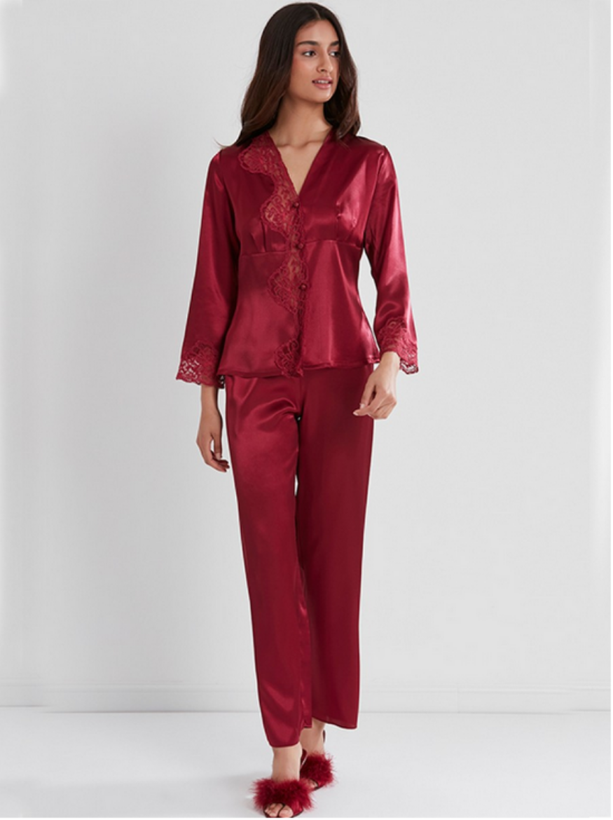 Pierre Cardin Saten Dantelli Pijama Takımı 1160 Kırmızı resmi
