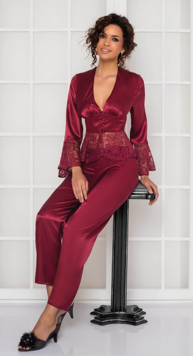 Pierre Cardin Saten Dantelli Pijama Takımı 1100 Bordo resmi