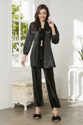 Pierre Cardin Kadife Saten 3'lü Kadın Pijama Takımı 2050 Siyah resmi