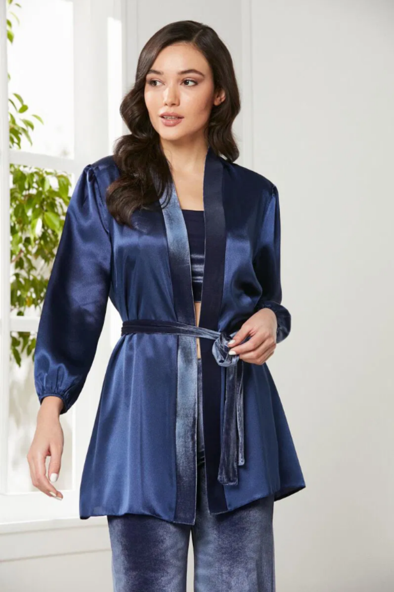 Pierre Cardin Kadife Saten 3'lü Pijama Takımı 2050 Lacivert resmi