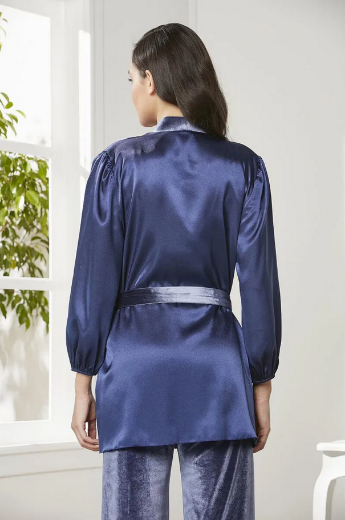 Pierre Cardin Kadife Saten 3'lü Pijama Takımı 2050 Lacivert resmi