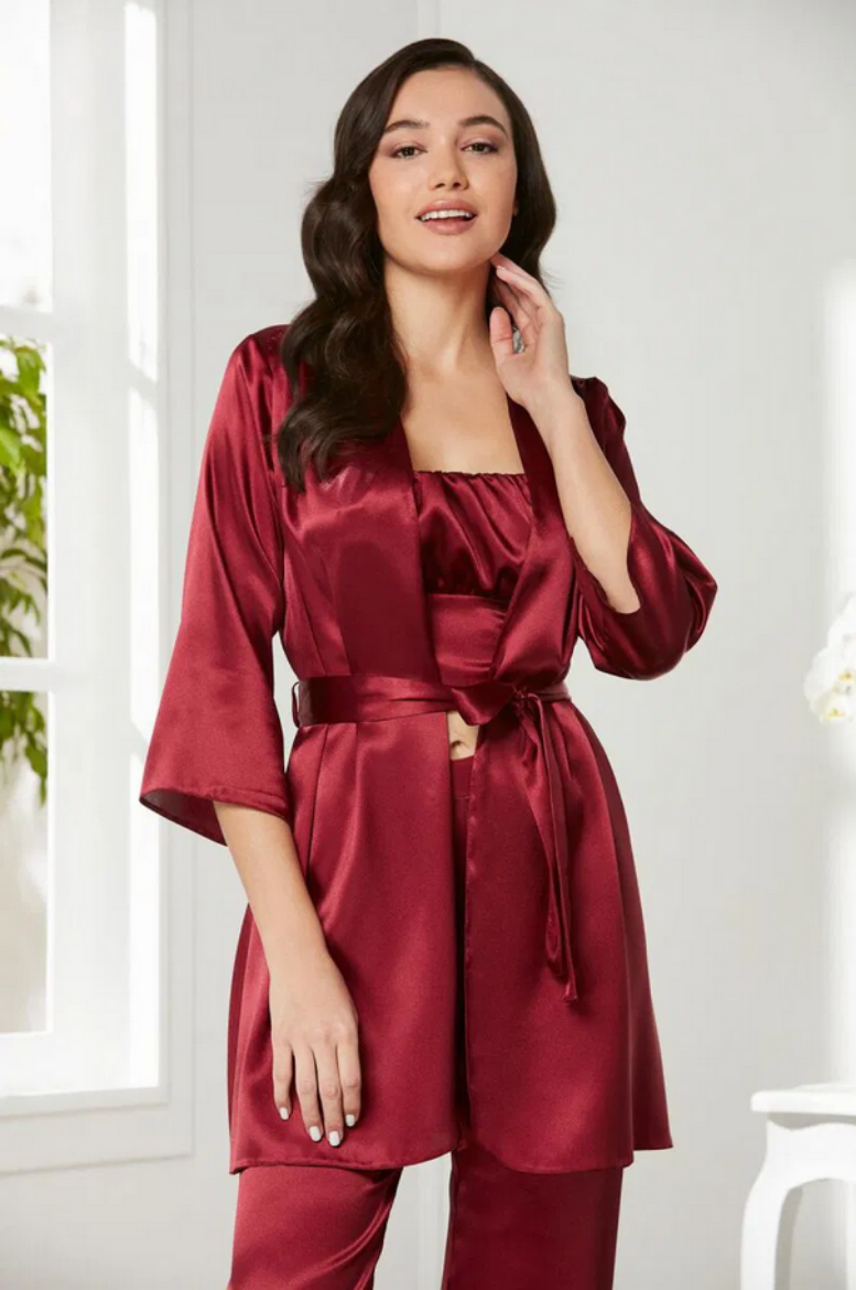 Pierre Cardin Saten 3'lü Pijama Takımı 2075 Bordo resmi