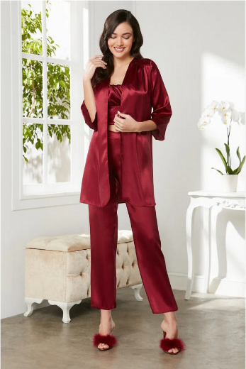 Pierre Cardin Saten 3'lü Pijama Takımı 2075 Bordo resmi