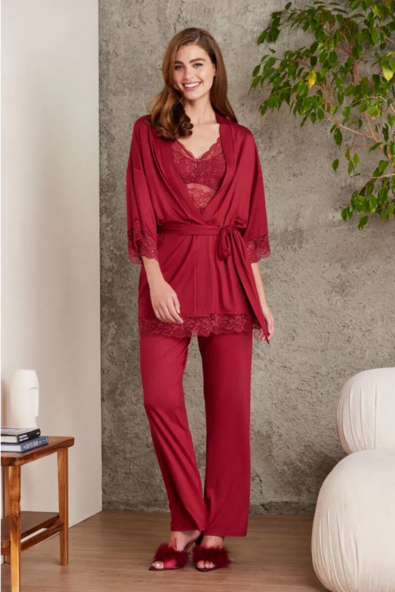Pierre Cardin Dantelli Penye 3'lü Pijama Takımı 2810 Bordo resmi