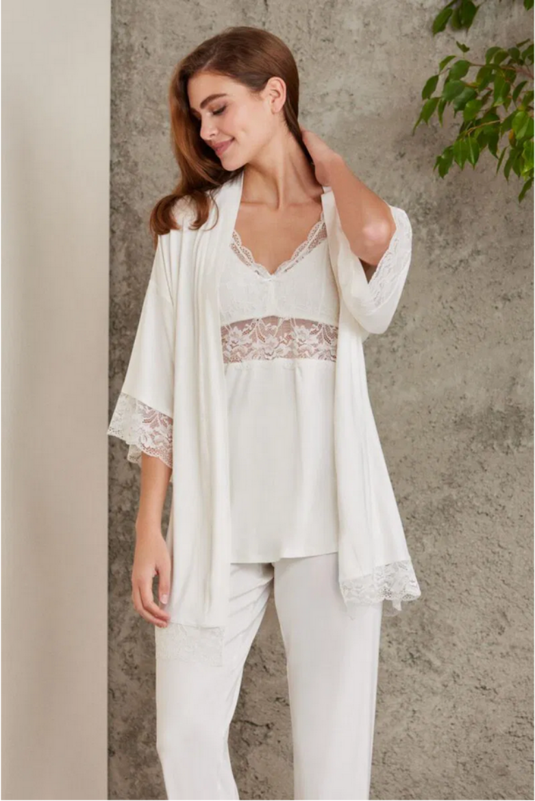 Pierre Cardin Dantelli Penye 3'lü Pijama Takımı 2810 Ekru resmi