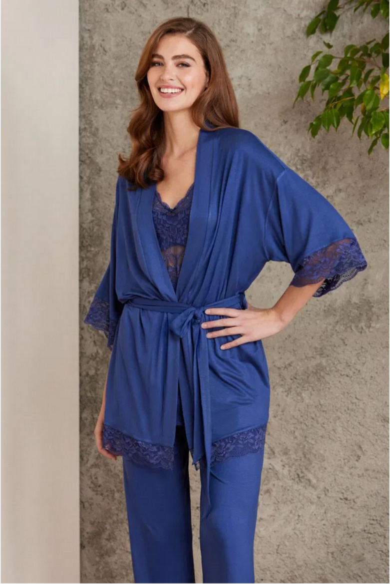 Pierre Cardin Dantelli Penye 3'lü Pijama Takımı 2810 Lacivert resmi