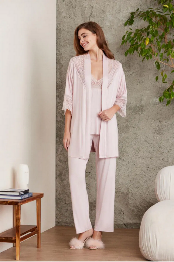 Pierre Cardin Dantelli Penye 3'lü Pijama Takımı 2820 Pudra resmi