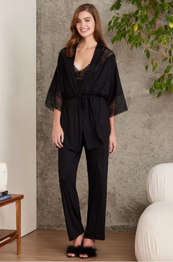 Pierre Cardin Dantelli Penye 3'lü Pijama Takımı 2820 Siyah resmi