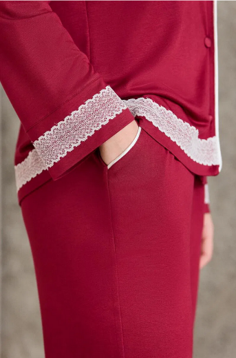 Pierre Cardin Penye Biyeli Dantelli Kadın Pijama Takımı 2200 Bordo resmi