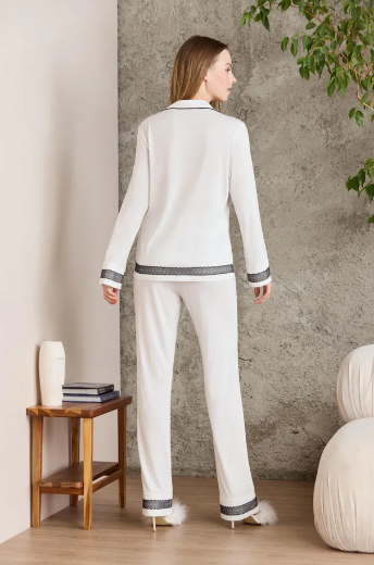 Pierre Cardin Penye Biyeli Dantelli Pijama Takımı 2200 Ekru resmi
