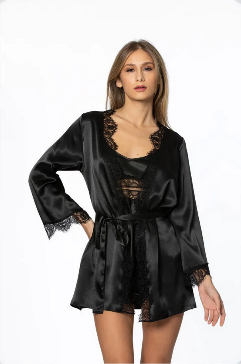 Pierre Cardin Saten Dantelli 3'lü Sabahlık Takım 2490 Siyah resmi