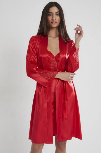 Pierre Cardin Saten Dantelli Kadın Gecelik ve Sabahlık Takımı 4050 Kırmızı resmi