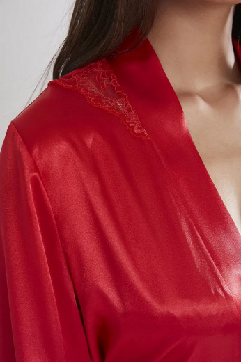 Pierre Cardin Saten Dantelli Kadın Gecelik ve Sabahlık Takımı 4050 Kırmızı resmi