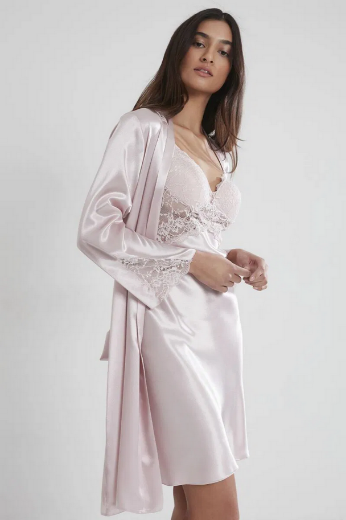 Pierre Cardin Saten Dantelli Kadın Gecelik ve Sabahlık Takımı 4050 Pudra resmi