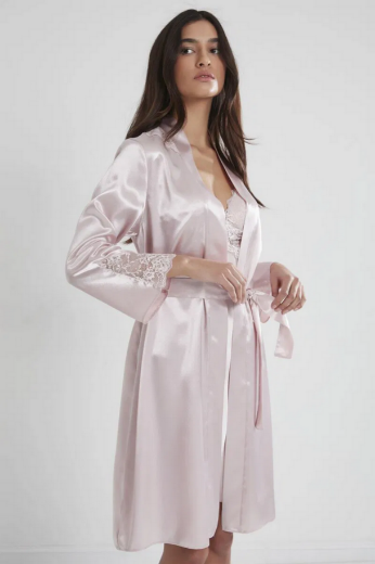 Pierre Cardin Saten Dantelli Kadın Gecelik ve Sabahlık Takımı 4050 Pudra resmi