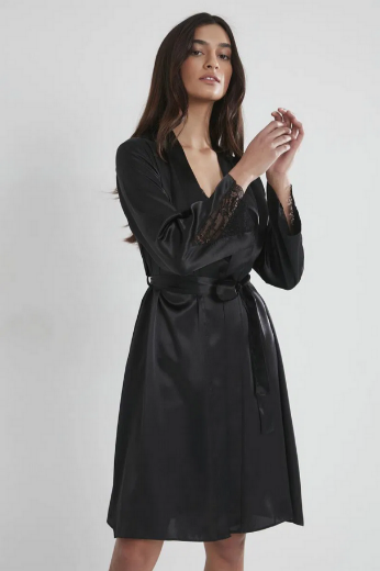 Pierre Cardin Saten Dantelli Kadın Gecelik ve Sabahlık Takımı 4050 Siyah resmi