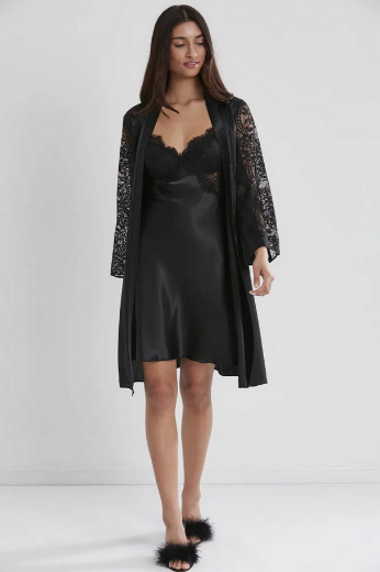 Pierre Cardin Saten Dantelli Kadın Gecelik ve Sabahlık Takımı 4025 Siyah resmi