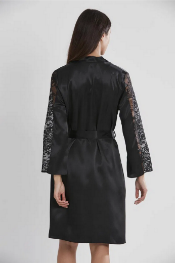 Pierre Cardin Saten Dantelli Kadın Gecelik ve Sabahlık Takımı 4025 Siyah resmi