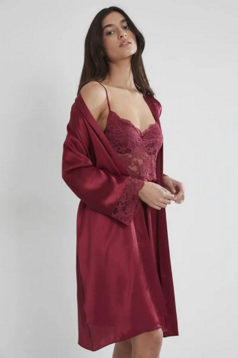 Pierre Cardin Saten Dantelli Kadın Gecelik ve Sabahlık Takımı 4265 Bordo resmi