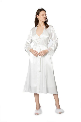 Pierre Cardin Saten Dantelli Kadın Gecelik ve Sabahlık Takımı 4370 Ekru resmi