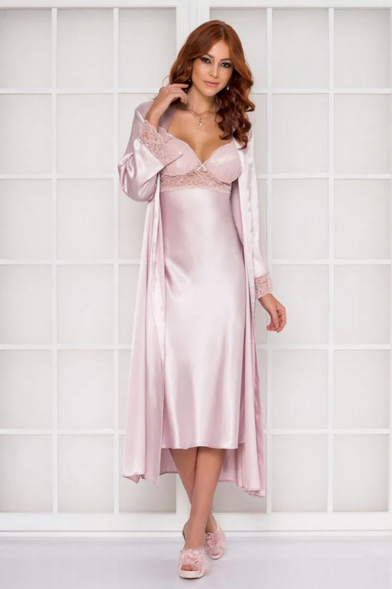 Pierre Cardin Saten Dantelli Kadın Gecelik ve Sabahlık Takımı 4370 Pudra resmi