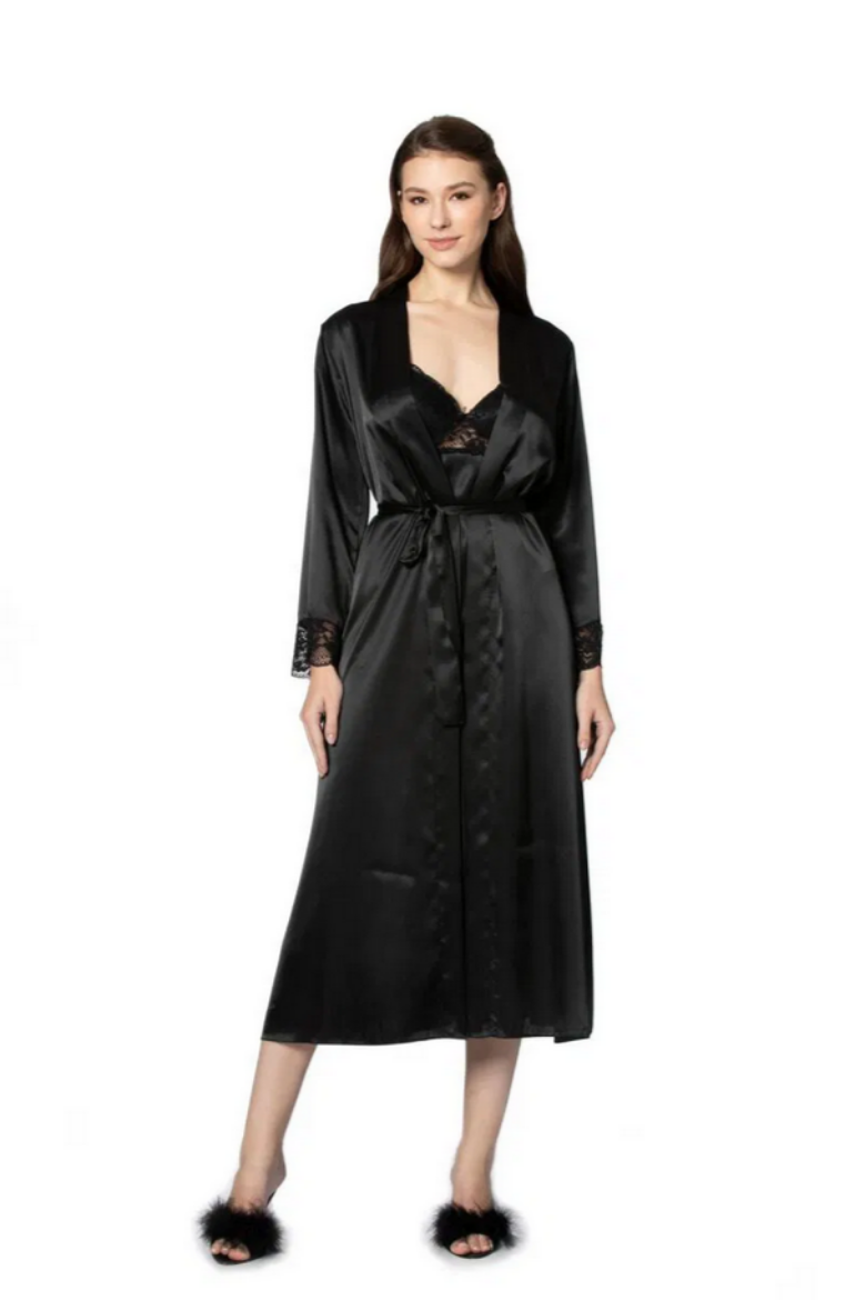 Pierre Cardin Saten Dantelli Kadın Gecelik ve Sabahlık Takımı 4370 Siyah resmi