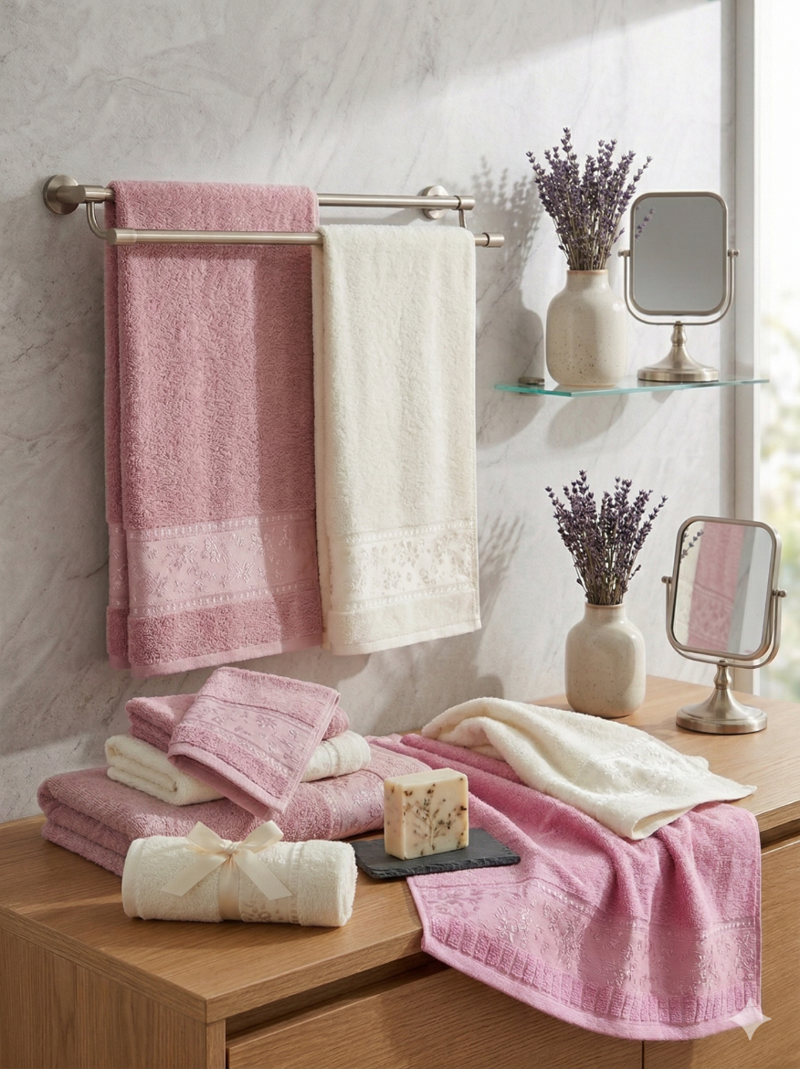 Özdilek Camelia Hamam Takımı Krem Pembe resmi