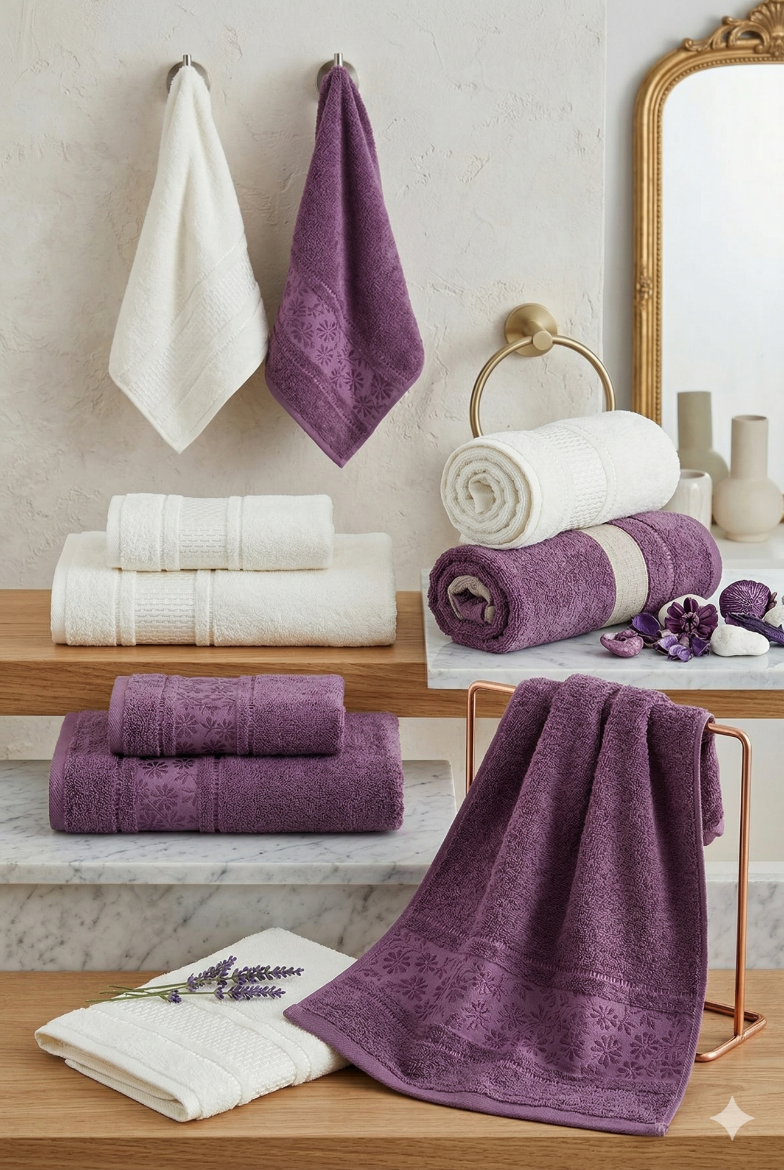 Özdilek Blossom Hamam Takımı Mürdüm-Krem resmi