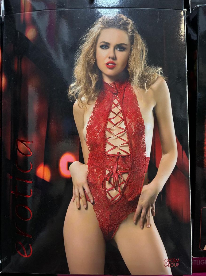 New Light Red Seduction Lace-Up Detail Fantasy Bodysuit resmi