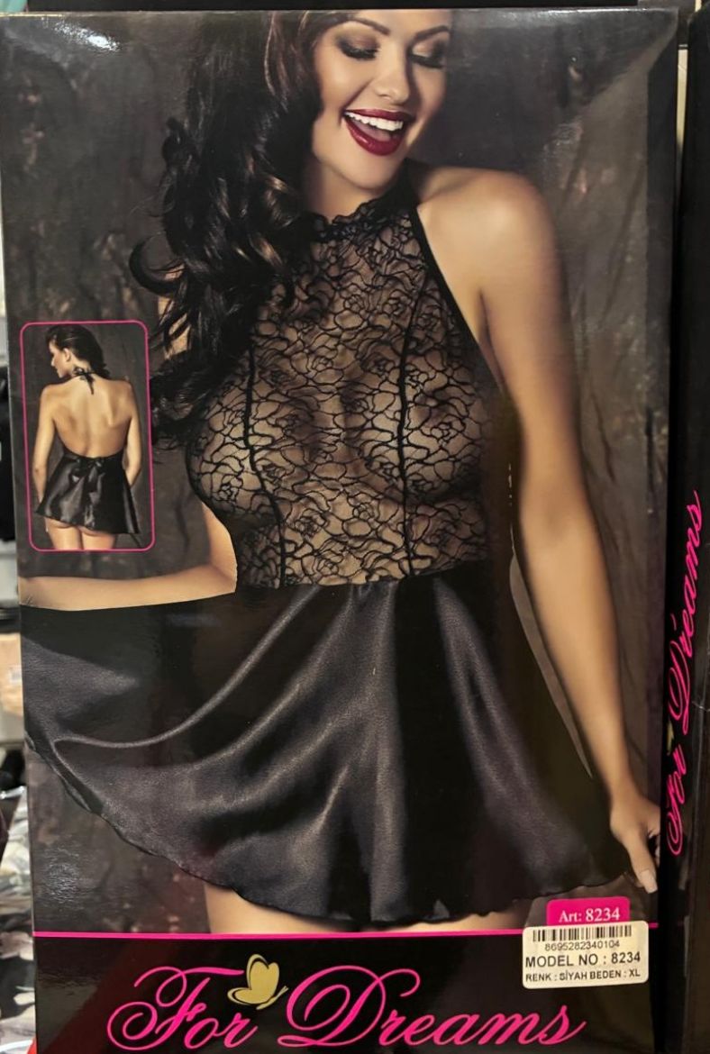 For Dreams Luna Satin Lace Collar Babydoll Nightgown 8234 resmi