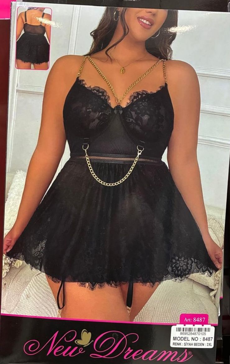 Nightlight Black Lace Chain Detail Babydoll Set 8487 resmi