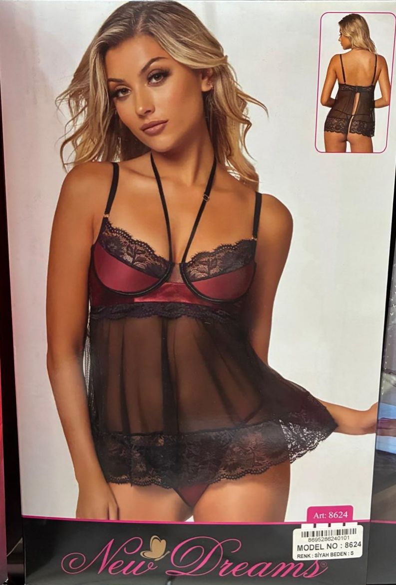 For Dreams Crimson Lace Sheer Babydoll Set 8624 resmi
