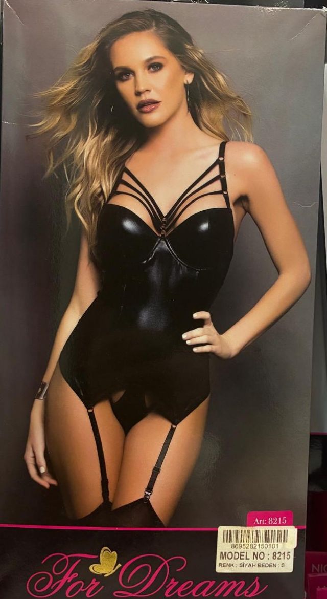 For Dreams Midnight Glossy Strappy Garter Bodysuit Black 8215 resmi